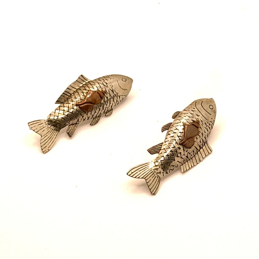 Vintage 90s Artisanal Mixed Metal Etched Koi Fish Global Boho Tribal Earrings
